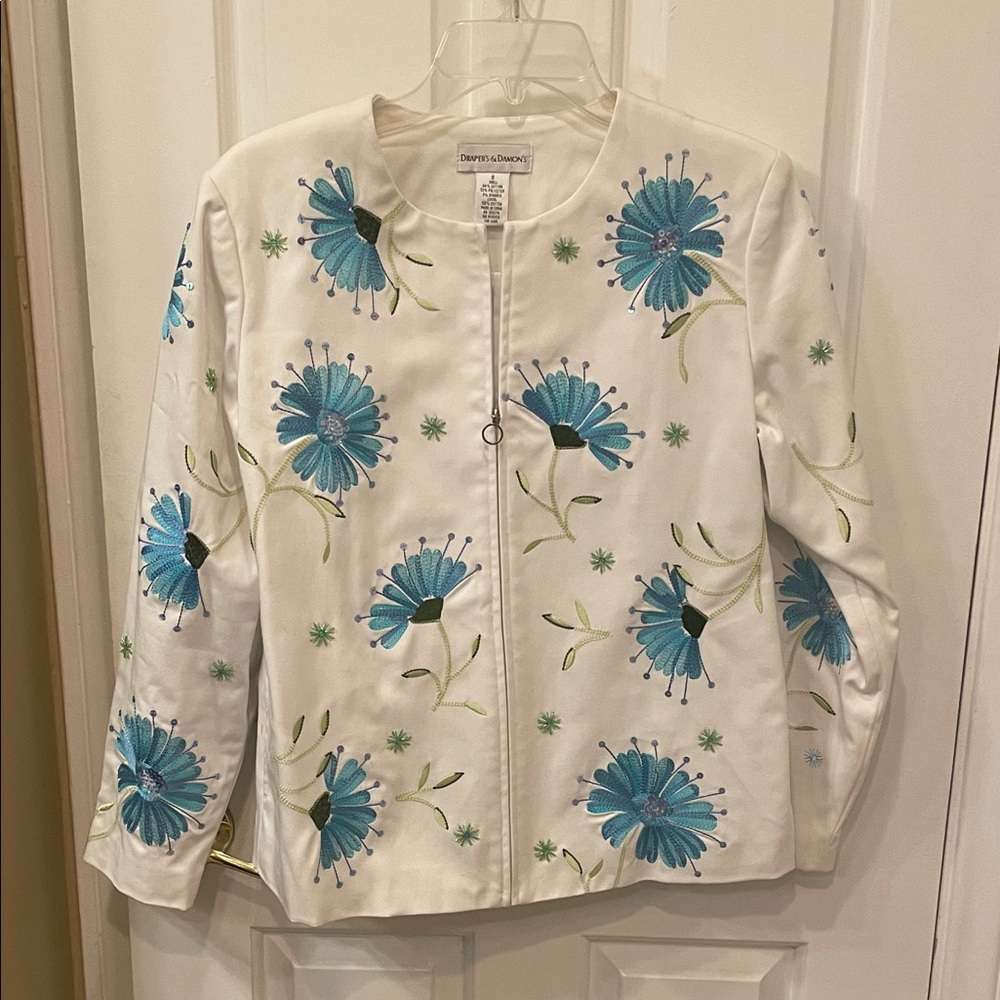 Stunning White Jacket with Blue Floral Embroidery